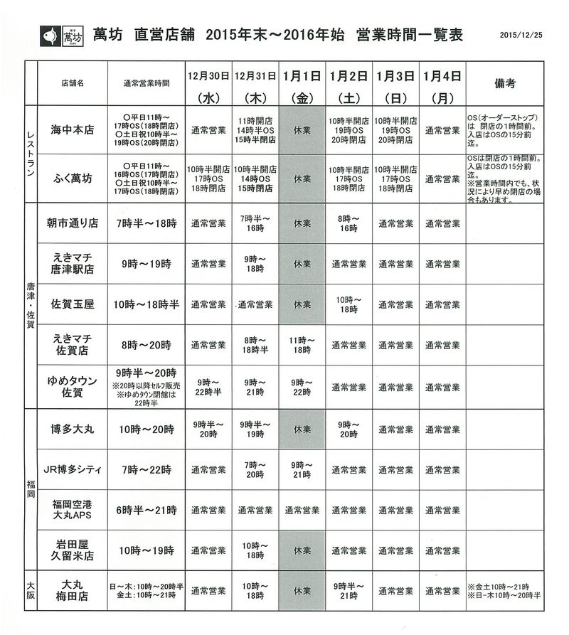 2015年末年始営業時間