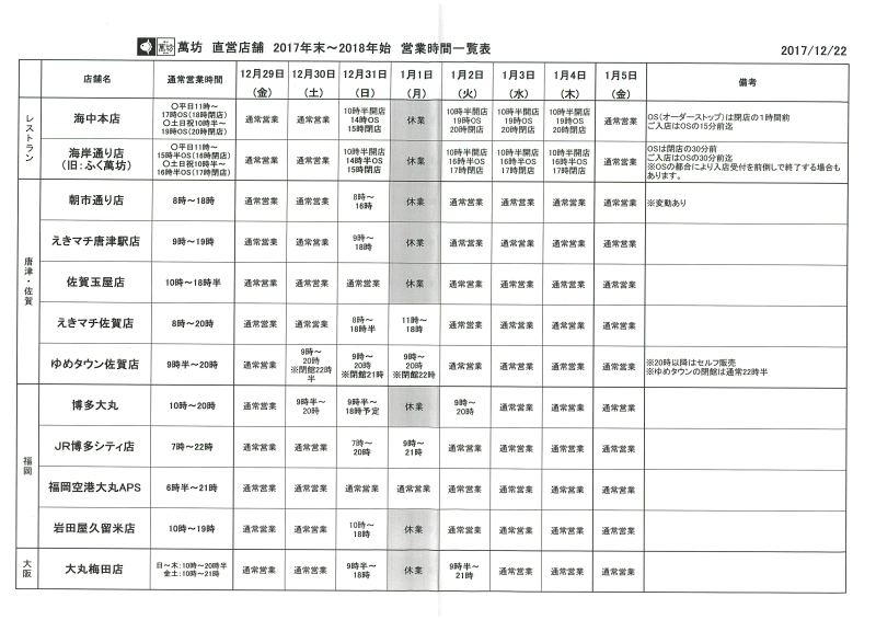 萬坊直営店舗2017年末～2018年始