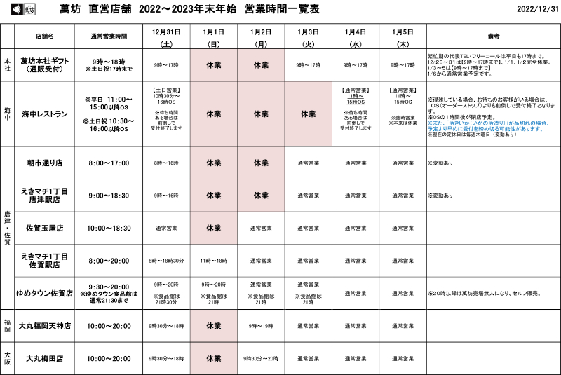 【萬坊直営店】2022-2023年末年始営業時間jpg